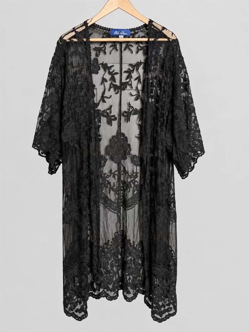 Blue Rain Sheer Black Floral Lace Kimono Robe - M